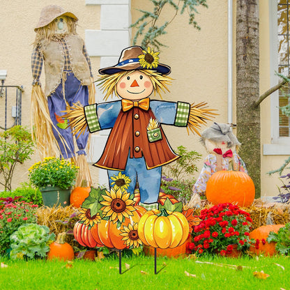 JarThenaAMCS 33" H Fall Scarecrow Metal Garden Stakes Rustic Pumpkin Pile Scarecrow Decorative Lawn Sign for Autumn Thanksgiving Home Outside Lawn Porch Decor