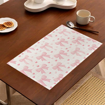 Placemats Set of 6,Cute Pink Bow Heart Heat Resistant Kitchen Table Mats for Indoor and Outdoor,Washable Wipe Clean Dining Placemat 12 x 18 Inches