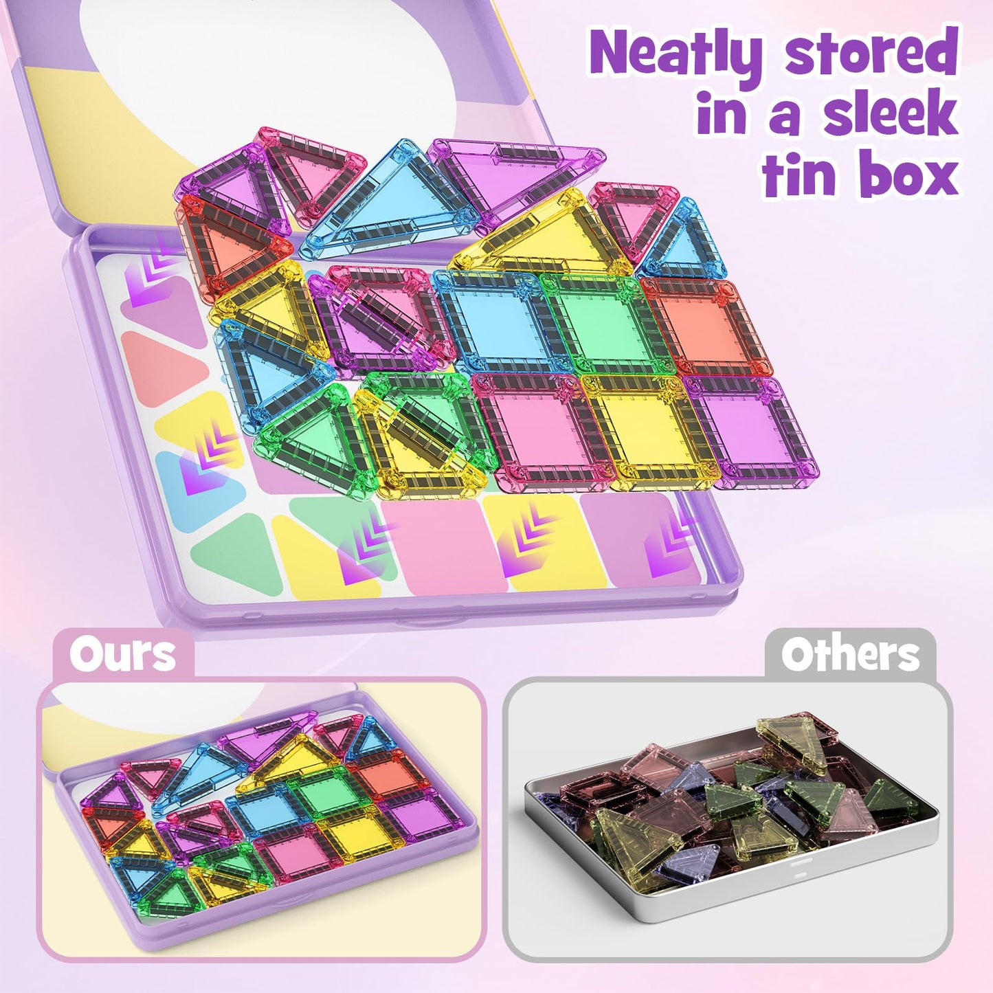 MEIQ 42-Piece Mini Magnetic Tiles Travel Set with Metal Storage Box - Portable STEM Building Blocks for Kids Ages 3-8, Montessori Educational Toys for Airplane & Car Rides, Gift for Boys & Girls
