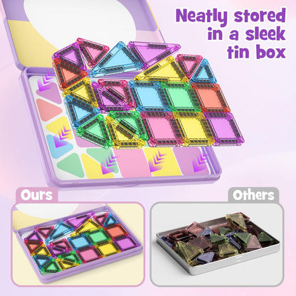 MEIQ 42-Piece Mini Magnetic Tiles Travel Set with Metal Storage Box - Portable STEM Building Blocks for Kids Ages 3-8, Montessori Educational Toys for Airplane & Car Rides, Gift for Boys & Girls