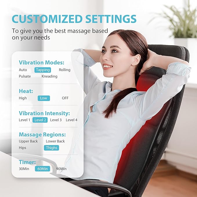 Back Massager Chair Pad, Back Massager with Heat, 5 Vibration Modes & 2 Heat Levels Massage Seat Cushion, Electric Massage Pad for Back Pain Relief, Christmas Gifts for Dad, Men, Mom, Women
