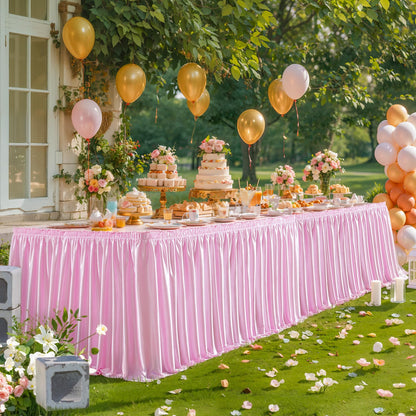 Wish Care 6ft Pink Satin Table Skirt for Rectangle Tables Wrinkle Free Glitter Desk Skirts Pleated Ruffle Table Cloth for Girls Birthday Baby Shower Theme Party Wedding Cake Table Skirting Decorations