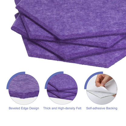PATIKIL Felt Bulletin Board, 12"x10", 6 Packs Self Adhesive Hexagon Felt Tiles for Sound Proofing Wall Panels for Home Office Recording Studio,Game Room, Purple