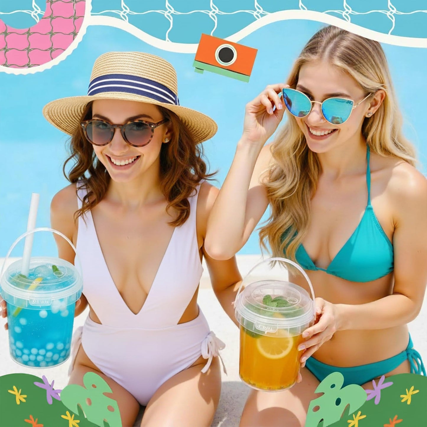 50 Sets 24 oz Clear Plastic Drink Buckets with Lids, Straws and Handles, PP Disposable Cups for Smoothies, Ice Cream, Outdoor Travel, Beach, Pool and Party Supplies