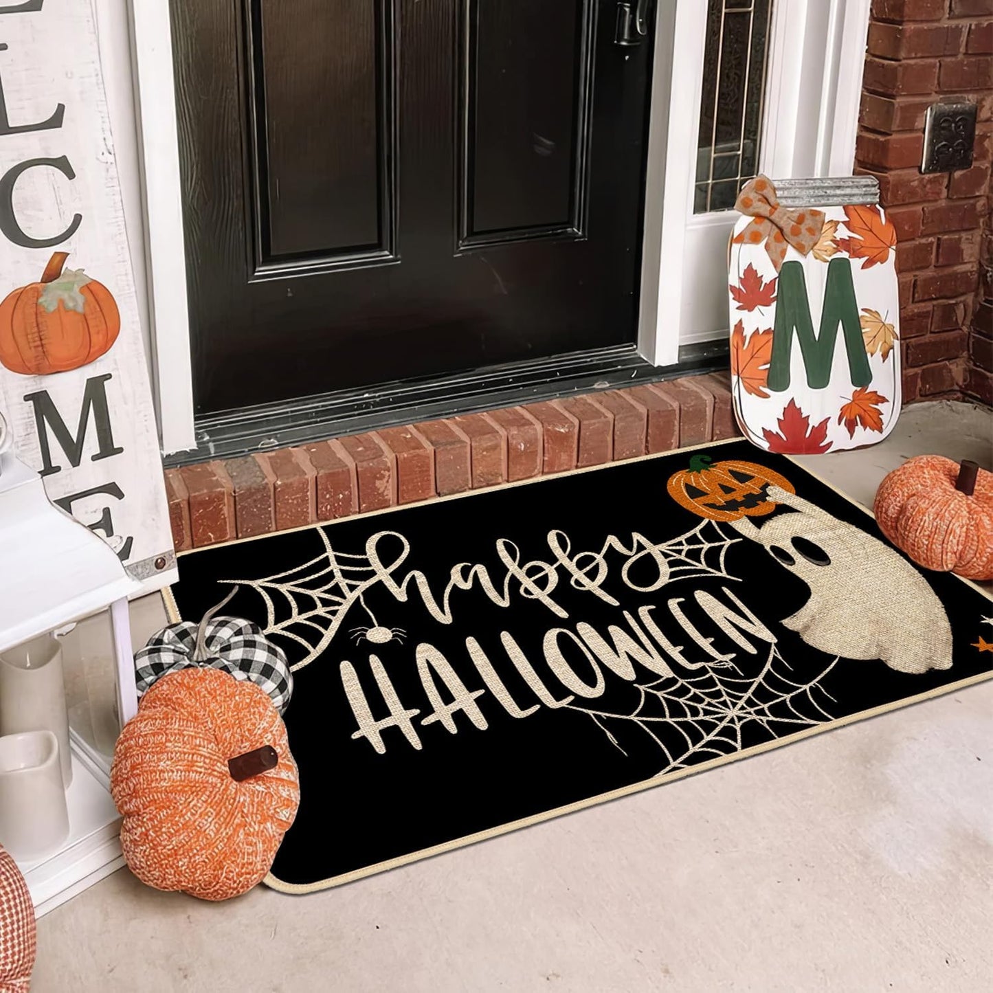 Baccessor Happy Halloween Kitchen Rugs Set of 2, Ghost Pumpkin Kitchen Mats for Floor Hallway Laundry Sink Low-Profile Halloween Holiday Home Decor 17x29 and 17x47 Inch