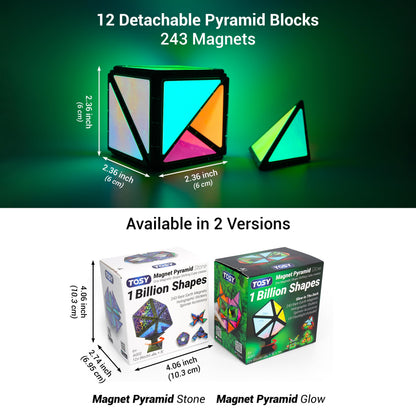 TOSY Magnet Pyramid - 1 Fidget Cube Transforms into 1 Billion Shapes, 243 Rare Earth Magnets, Glowing, Holographic Design, Spinner Accessory, Gift for Christmas Birthday (Set of 1 Stone 1 Glow)