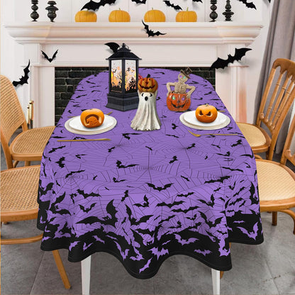 HSOWKDN Oval Halloween Tablecloth 60×84 Inch, Halloween Purple Tablecloths Oval Spider Web Bat Table Cloth Washable, Spooky Table Cover Decor for Party Picnic Dinner