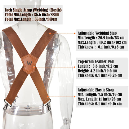WELKINLAND Brown 2 inch wide suspenders, Heavy duty work suspenders for men, Swivel hook suspender, Thick suspender with belt loops