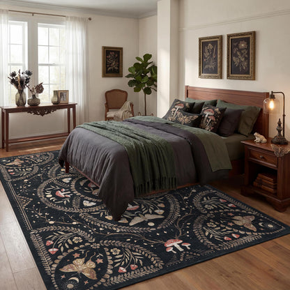 Garvee Mushroom 9x12 Area Rugs for Living Room, Dark Academia Gothic Rug, Non Slip Animal Print Washable Rugs 9x12 Low Pile Bedroom Decor Bug Carpet with Rubber for Dining Room Playroom Office, Black