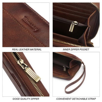 Blucoay Leather Wallet Women Wristlet RFID Blocking Large Capacity Long Wallet For Women Card Holder With Zip Coin Pocket(darkbrown)