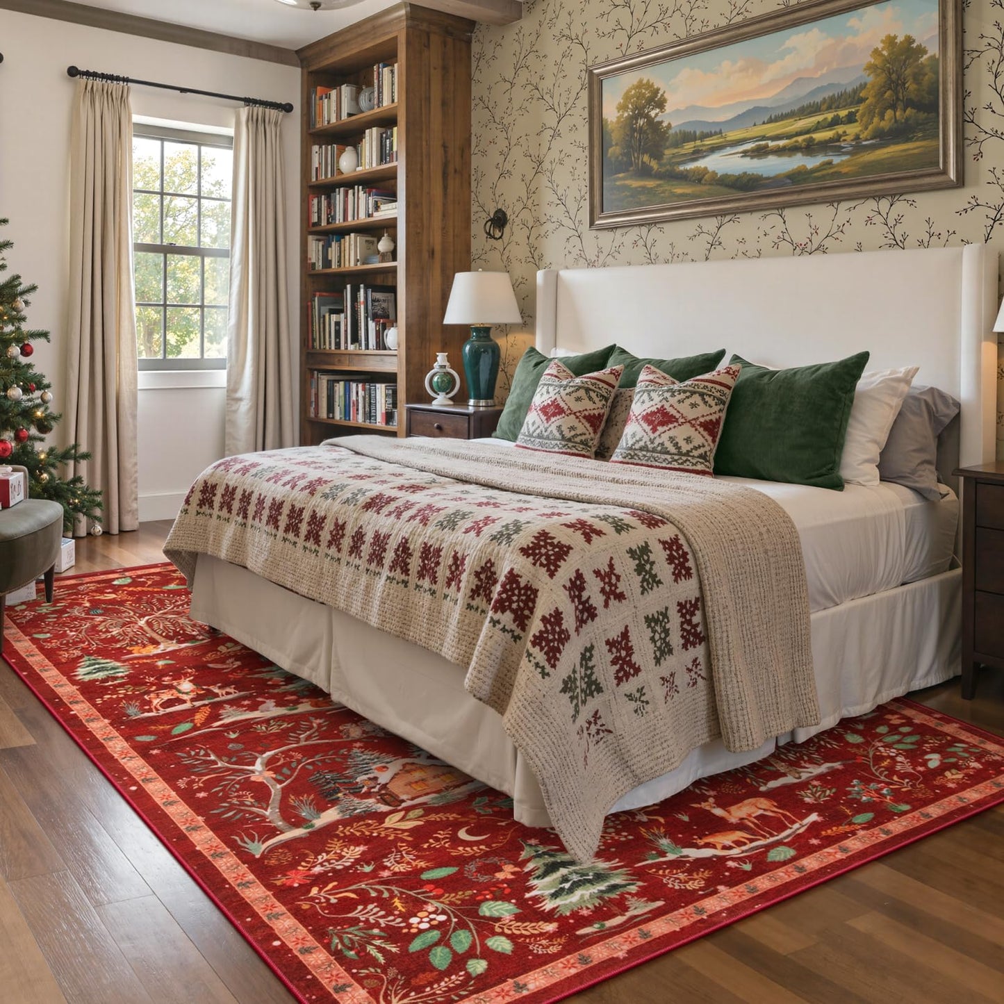 Lahome Christmas 8x10 Area Rug, Washable Soft Large Rug for Living Room, Non Slip Low Pile Bedroom Rug Xmas Tree Indoor Floor Carpet for Dining Room Winter Holiday Decor, Red