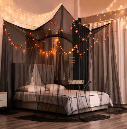 Mengersi Bed Canopy with Lights,Maple Leaf Pumpkin Canopy Bed Curtains Mosquito net,Halloween Theme Party Supplies Festival Decor,Black