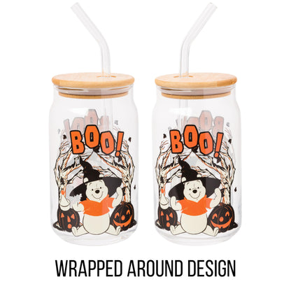 Silver Buffalo Disney Winnie the Pooh Halloween Spooky Boo Witch Hat Jack-o-Lantern Glass Jar Tumbler with Bamboo Lid and Glass Straw, 16 Ounces