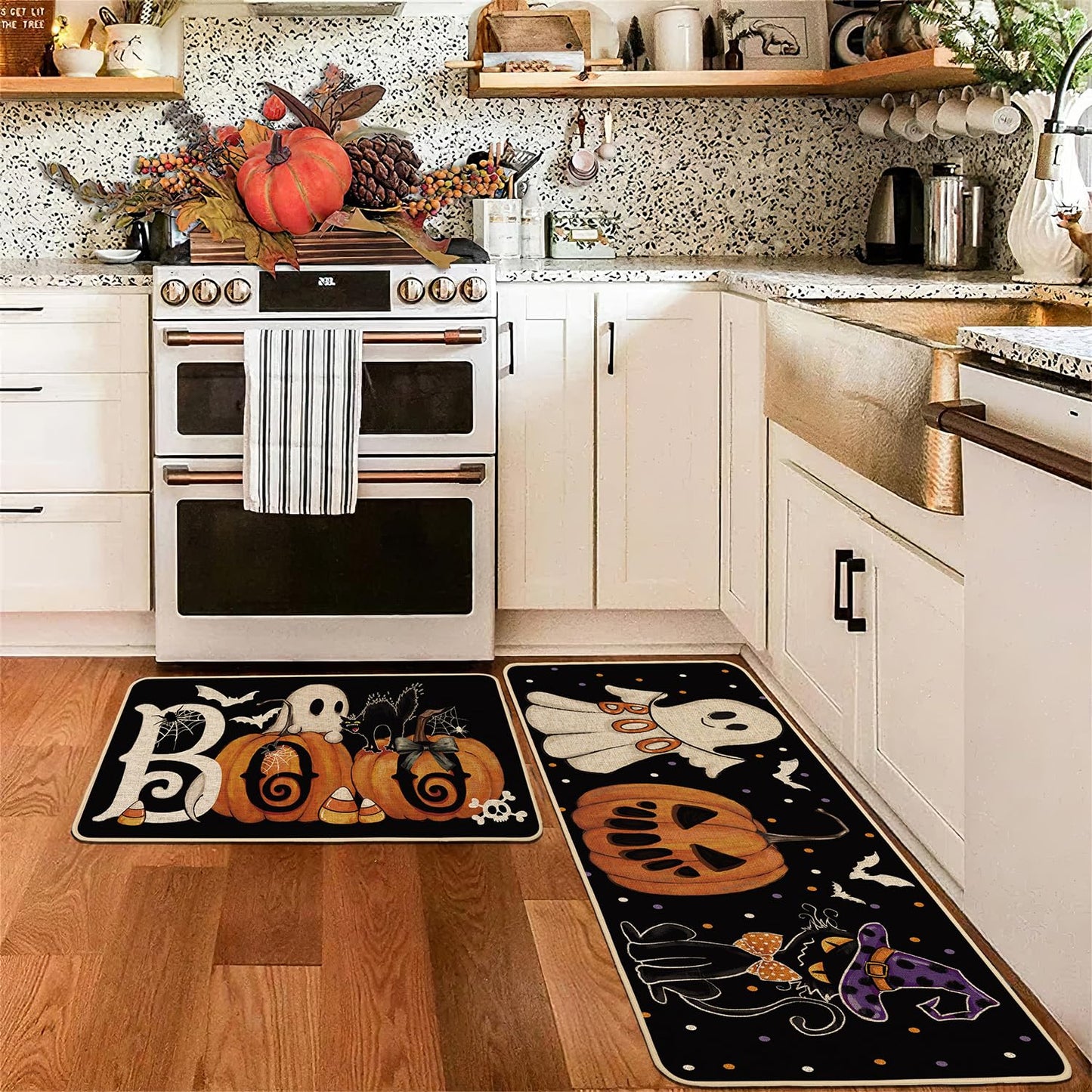 Baccessor Halloween Kitchen Mats Set of 2, Ghost Pumpkin Cat Spider Web Bat Boo Kitchen Rugs for Floor Low-Profile Farmhouse Fall Halloween Party Home Decor 17x29 and 17x47 Inch
