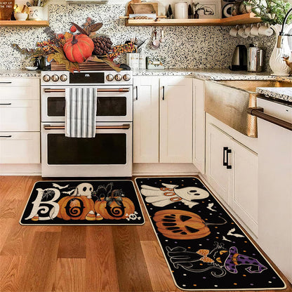 Baccessor Halloween Kitchen Mats Set of 2, Ghost Pumpkin Cat Spider Web Bat Boo Kitchen Rugs for Floor Low-Profile Farmhouse Fall Halloween Party Home Decor 17x29 and 17x47 Inch