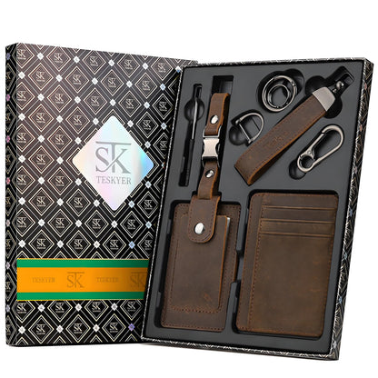 Teskyer Leather Gifts for Men, Premium Leather Gift Set with Slim Wallet, Travel Luggage Tag & Car Keychain, Elegant Gift Box for Father's Day, Birthday, Anniversary, Retirement & Graduation - Coffee