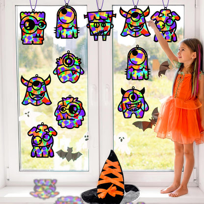 32 Sets Halloween Monster Suncatchers Craft Kit DIY Window Stained Glass Effect Halloween Monster Paper Crafts Home School Classroom Decoration Kid Birthday Gift Creative Art Project Activity Game