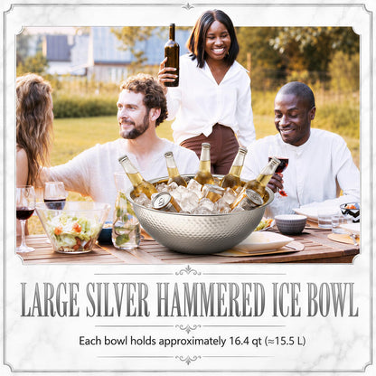 Acellegic 2 Pcs Large Silver Hammered Stainless Steel Beverage Tub 15.35x5.12 Inch, 16.4 Qt Leak-proof Ice Bucket for Parties, Champagne Wine Chiller Bowl, Luxury Drink Cooler for Wedding, Mimosa Bar