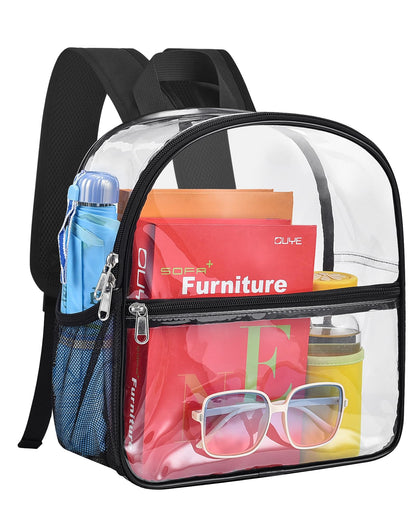 Paxiland Clear Backpack Stadium Approved 12×12×6 with Reinforced and Wider Shoulder Straps, Small Clear Bag for Schools, Concerts, Work, Festivals and Sporting Events - Black