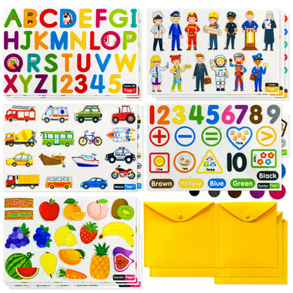 PENGFULL 5 Felt Learning Pieces Set,Alphabet Letters Fruits and Vegetables Numbers Community Helpers Transportation Learning Pieces,for Felt Flannel Board, for Toddlers Kindergarten Preschool