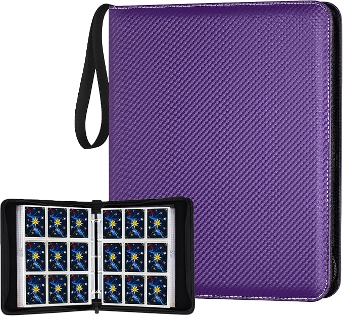 900 Pockets Round Ring Trading Card Binder, 9-Pocket Clear Zipper Card Album with Wrist Strap, Holds 900 Standard TCG & Sports Cards, Not Fit Top Loaders (Carbon Purple)