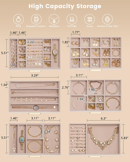 Lolalet Jewelry Box Organizer, 6-Layer Jewelry Organizers and Storage Case with Glass Lid, Ring Earring Bracelet Necklace Holder Organizer, Birthday Valentine Gifts for Women Girls -6Layer, Beige