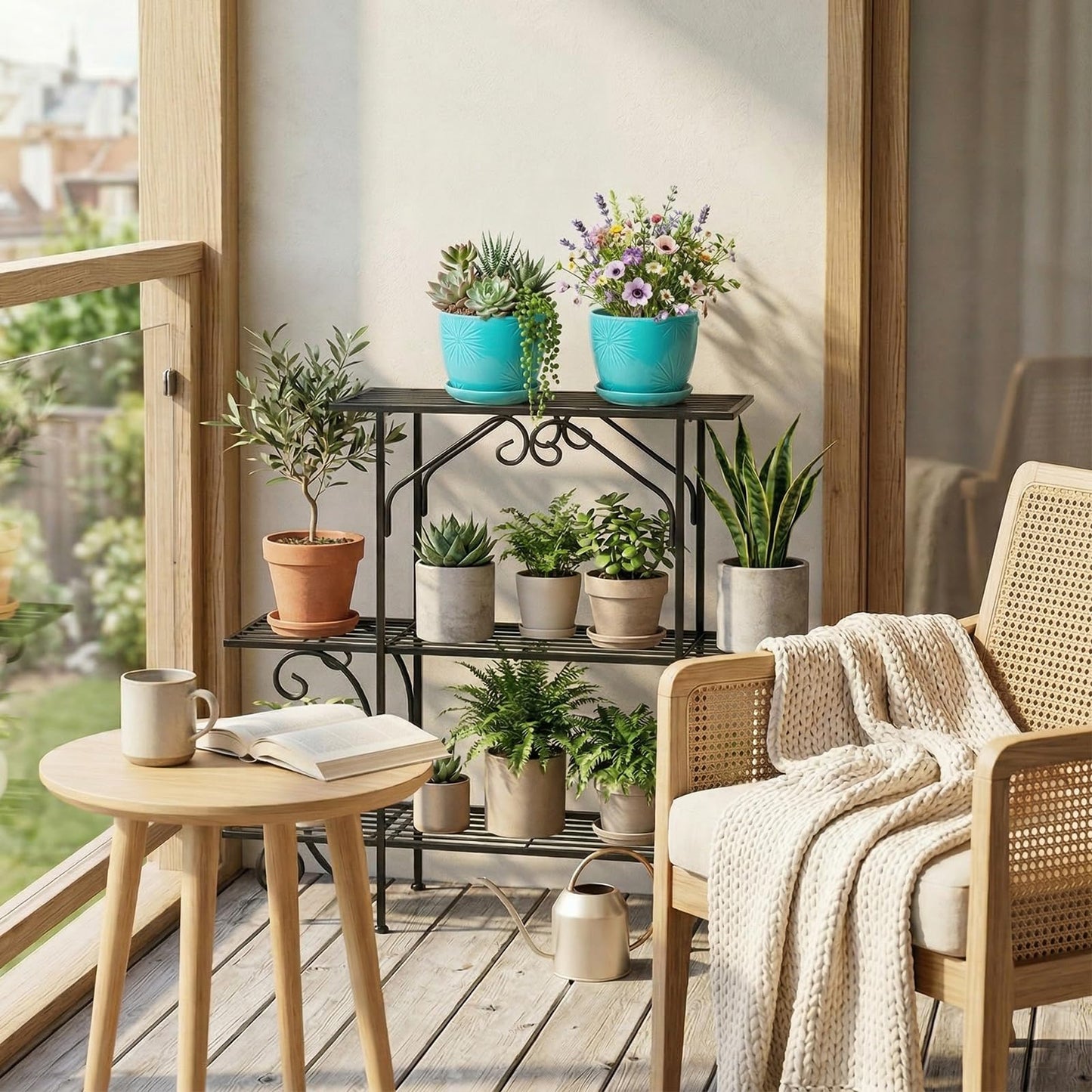 MyGift Aqua Ceramic Indoor Plant Pot with Drainage Hole and Decorative Sunburst Design, 5 Inch Round Succulent Planters with Attached Saucers, Set of 2