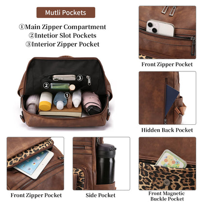 GAEKEAO Backpack Purse for Women Fashion Leather Designer Travel Backpack Purses Convertible Shoulder Bag with Wristlet (Brown With Leopard)