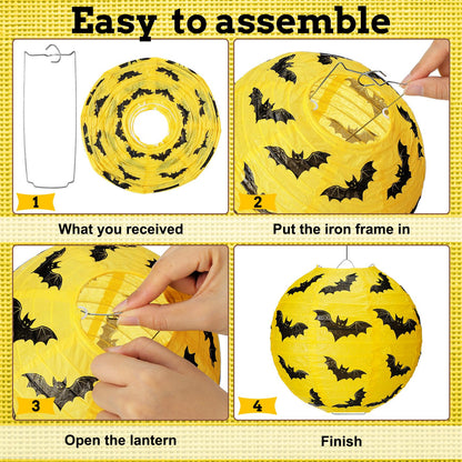 Glooglitter 12 Pcs Bat Paper Lanterns Hanging Decorations Yellow & Black Bat Theme Party Supplies for Birthday Baby Shower Halloween Party Ceiling Decor, 8 Inch