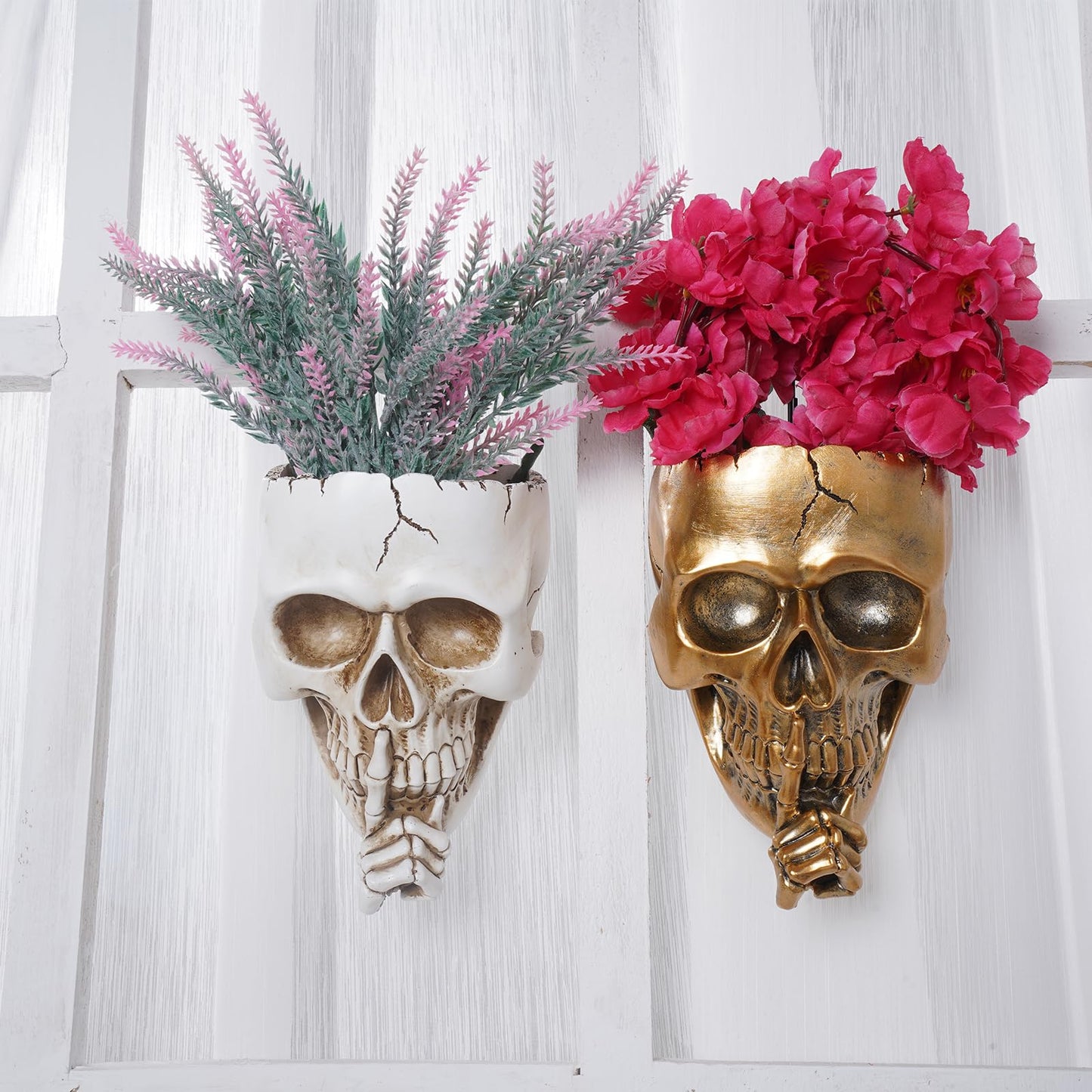 Romehaha Skull Wall Planter,Skull Shaped Hanging Resin Planter Pot Home Decor Gift,Funny Design Flower Pot for Indoor Outdoor Plants,Skeleton Sculpture Decorations (White, Don't Speak)