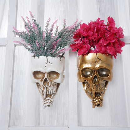 Romehaha Skull Wall Planter,Skull Shaped Hanging Resin Planter Pot Home Decor Gift,Funny Design Flower Pot for Indoor Outdoor Plants,Skeleton Sculpture Decorations (White, Don't Speak)