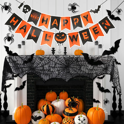 Indoor/Outdoor Halloween Decor Set - Mantel Scarf, Spider Table Runner, 3D Bats & Spiders, Happy Halloween Banner