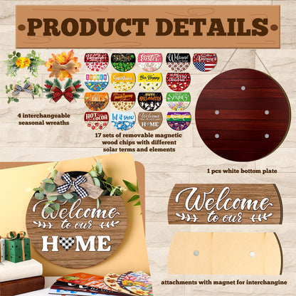 Vicenpal 22 Pcs Interchangeable Welcome Sign for Front Door with 17 Magnetic Icon Wooden Seasonal Front Porch Door Decor with 4 Seasonal Wreath for Holiday Halloween Christmas Gift(Dark Brown,Novel)