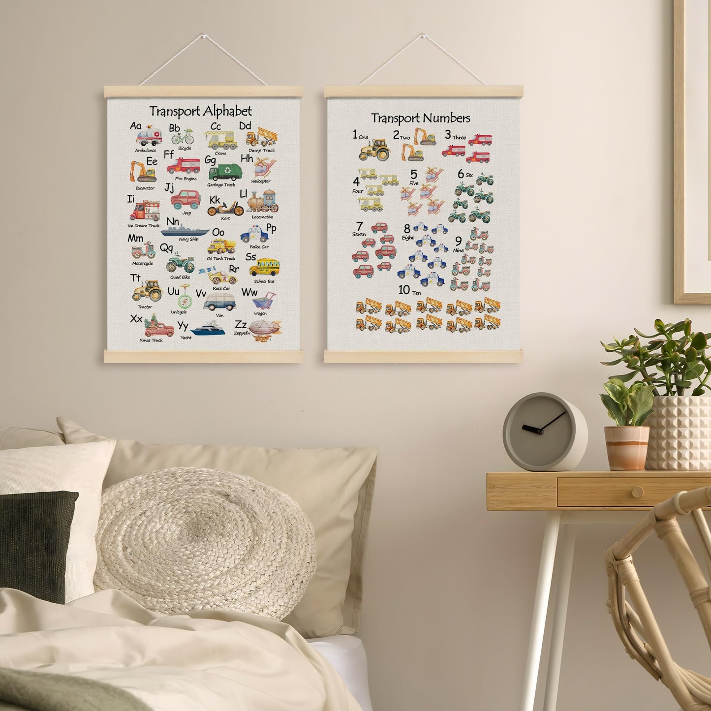 MOTERMATE Transport Alphabet Numbers Poster Hanger Frame, ABC Alphabet 1 to 10 Numbers Wall Hanging Decor Art Framed for Kids Nursery Room Classroom, Kids Wall Poster Prints, 12x16 Inch Set of 2