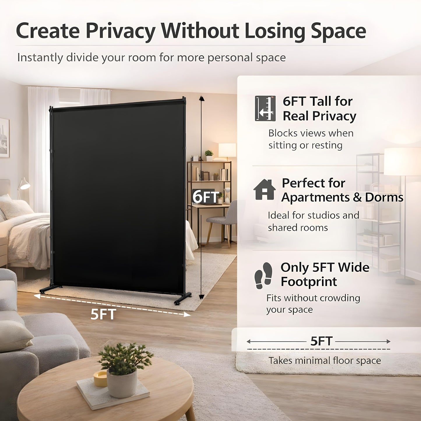 Room Divider Single Panel, 5FTX6FT Compact Privacy Screen with Thick Fabric,Temporary Partition Wall for Room Separation, Portable for Studio Apartment, Bedroom,Home Office,Black