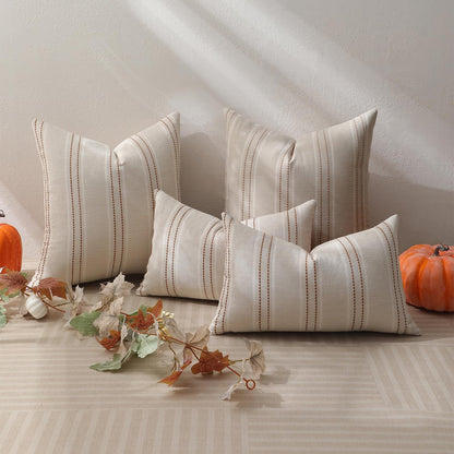 Hckot Fall Throw Pillow Covers 18x18 Set of 2 Striped Pillow Covers Textured Linen Decorative Pillows Square Cushion Covers for Sofa Couch Bed Living Room Farmhouse Decor(Caramel)