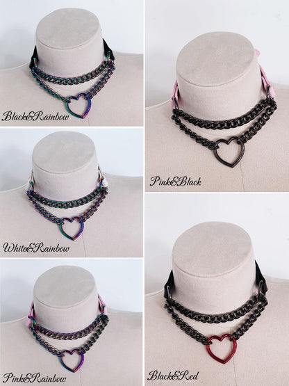 ADEMISHIA Black/Pink Leather Choker Necklace For Women, Handmade Adjustable Chain Collar with Metallic Heart Ring
