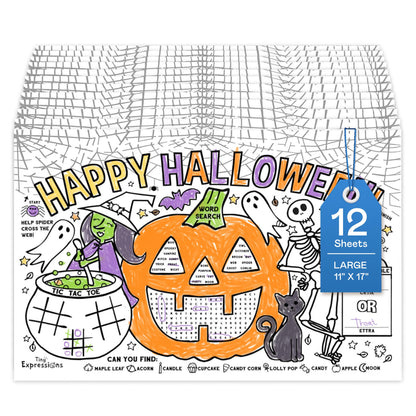 Tiny Expressions Halloween Placemats (Pack of 12 Pumpkin Placemats) | Coloring Activity Paper Table Mats for Parties & Events | Disposable Bulk Bundle Set