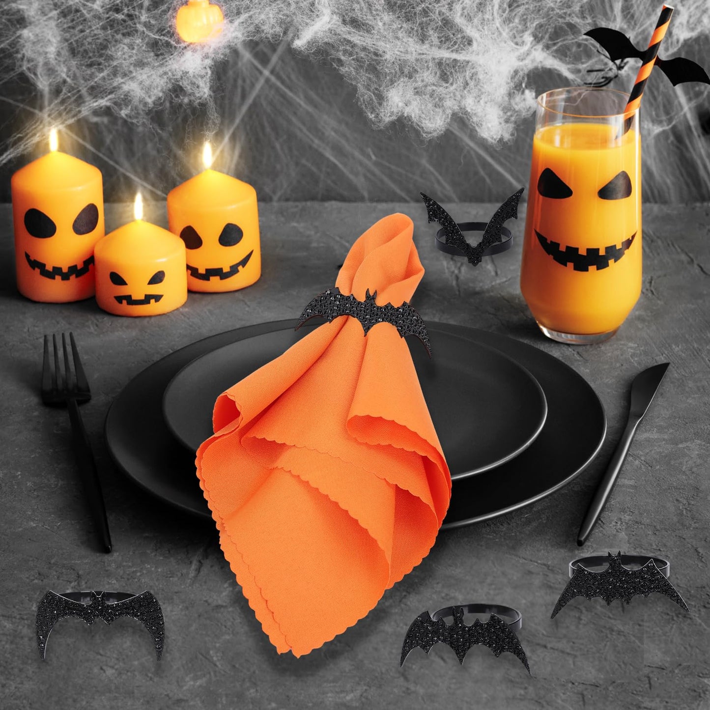 Whaline 16Pcs Halloween Bat Napkin Ring with Washable Orange Cloth Dinner Napkins 4 Designs Black Bat Metal Napkin Ring Holders for Home Dinner Table Setting