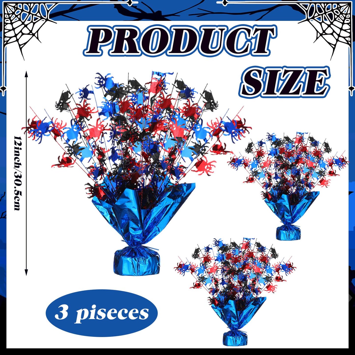 Amyhill 3 Pcs Halloween Spider Party Centerpiece Red Blue and Black Spider Birthday Party Favor Decoration Flash Foil Spray Table Centerpiece Red and Blue Decor for Hero Themed Table Decorations