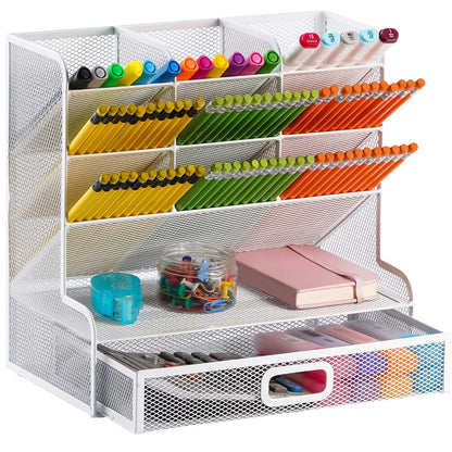 Marbrasse Mesh Desk Organizer - Multi-Functional Pen Holder with Drawer, Desktop Stationary Storage Rack for School, Home, Office, Art Supplies (White Mesh)