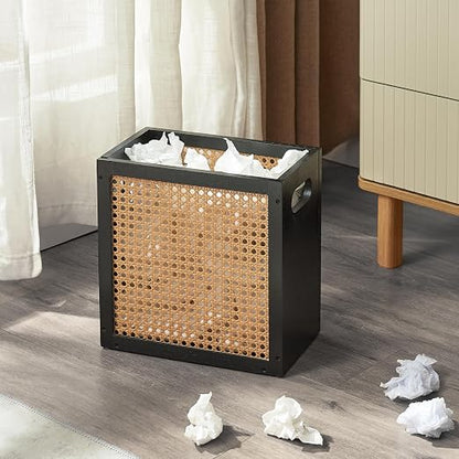 TIOPGHAD Small-Wicker-Waste-Basket-Trash-Can 3 Gallon/11.6 L Bamboo Mini Rattan Wastebasket Garbage Can Trashcan Wood Trash bin for Bathroom Office Living Room(Black&Oak)