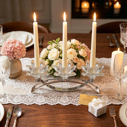 Crystal Lotus Taper Candle Holders, 3 Arms Metal Crystal Candlesticks, Decorative Flower-Shaped Candle Holders for Dining Table Centerpiece, Wedding, Home & Holiday Decor (Clear, 3 Arm)