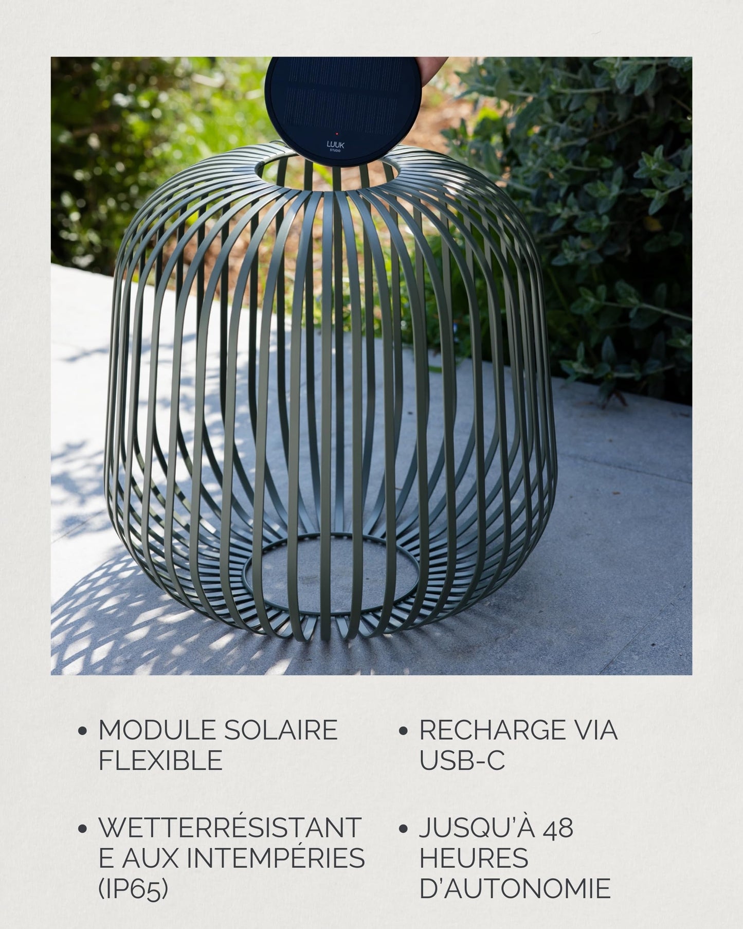 LUUK Studio Solis Wireless Solar LED Lamp, Warm White, 3 Level Dimmable, 48 Hours, Indoor & Outdoor Lantern, USB-C Rechargeable, Bedroom or Living Room, Calm Minimalist Look, Sage Green, Size L