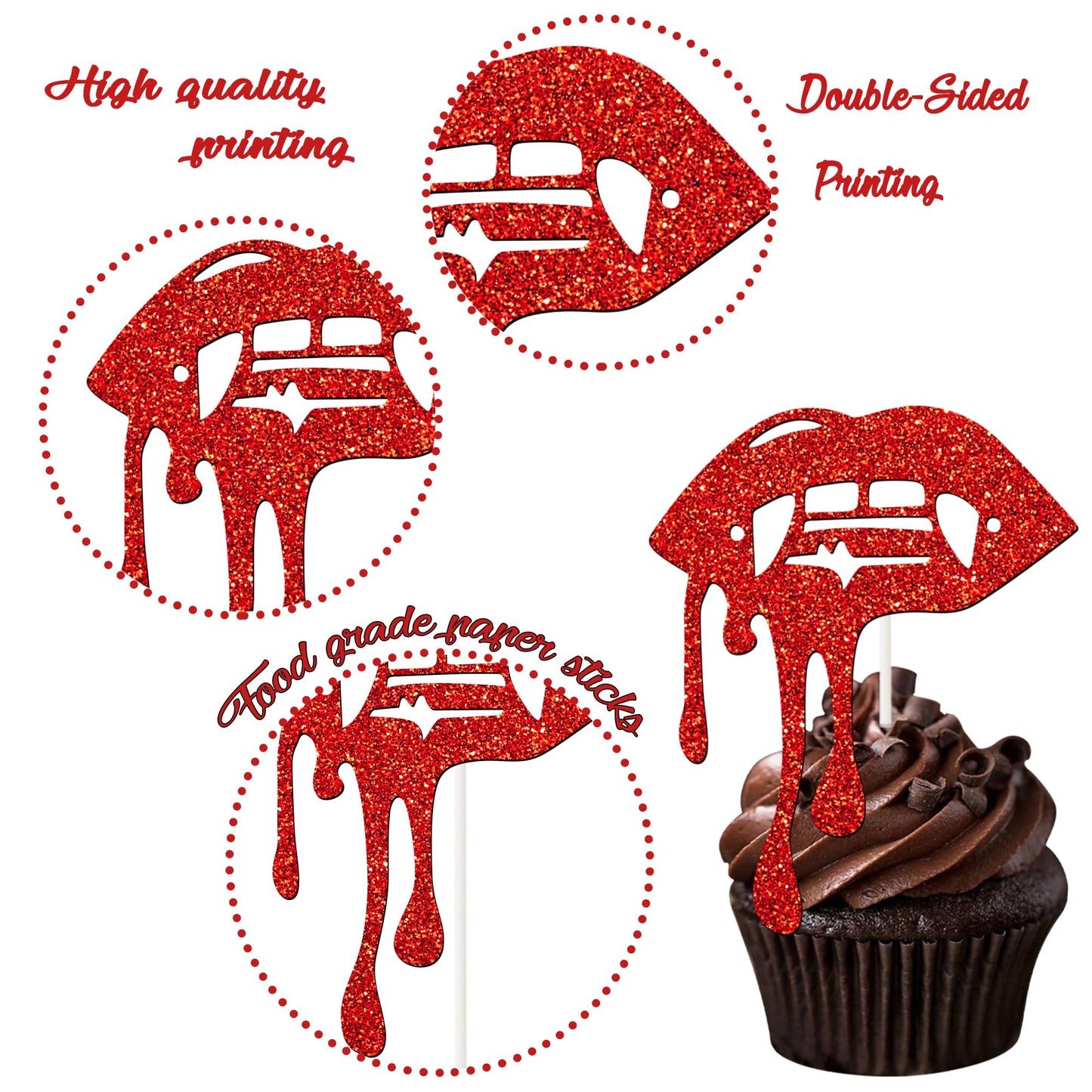 Halloween Vampire Cupcake Topper Red Have a Bite Cake Decorations 24PCS Double Sided Glitter Zombie Vampire Party Decorations Horror Theme Cake Picks for Halloween Birthday Party Supplies