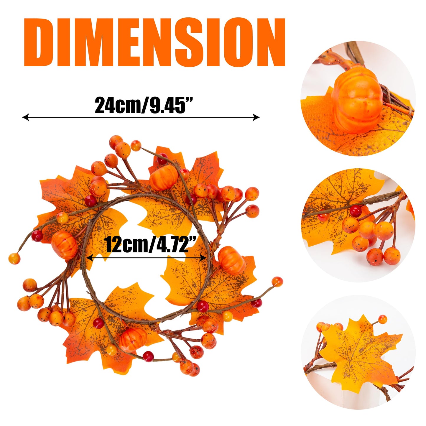 5Pcs Fall Mini Wreath 4.7 Inch/12cm Taper Candle Rings Artificial Pumpkin Maple Leaf Holder with Berries Christmas Autumn Harvest Wreaths for Pillar Halloween Thanksgiving Wedding Table Home Decor