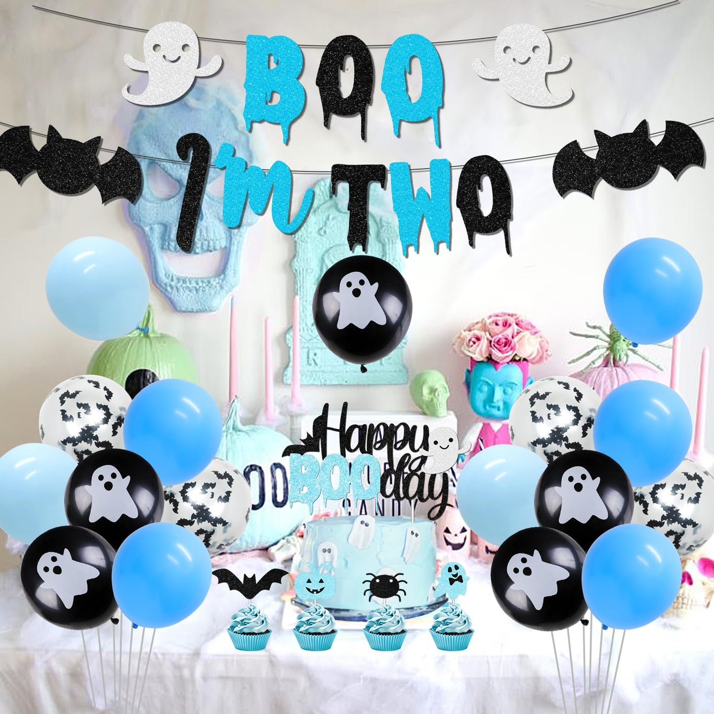 Halloween 2nd Birthday Party Decorations for Boys Blue Two Spooky Birthday Decor Boo I'm Two Banner Happy Boo Day Cake and Cupcake Toppers Ghost Bat Latex Balloon for Boys 2nd Bday Decor Supplies