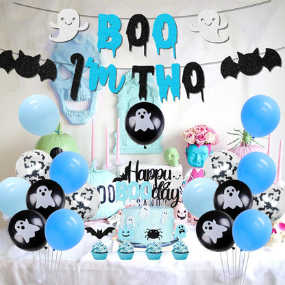 Halloween 2nd Birthday Party Decorations for Boys Blue Two Spooky Birthday Decor Boo I'm Two Banner Happy Boo Day Cake and Cupcake Toppers Ghost Bat Latex Balloon for Boys 2nd Bday Decor Supplies