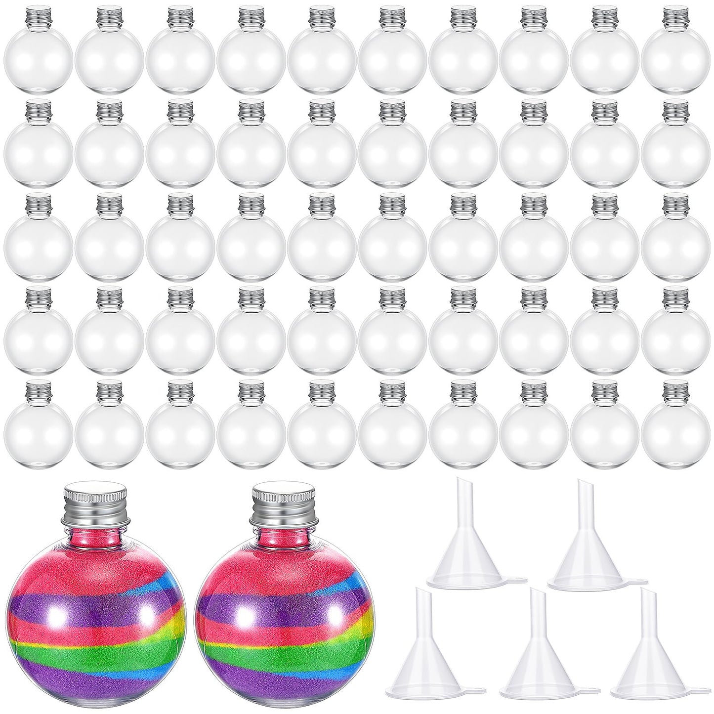 Hsei 50 Pcs Plastic Sand Art Bottles and 5 Mini Funnels Round Clear Potion Bottles Candy Jars for Liquor Birthday Decoration DIY Art Crafts Gift, Without Sand(Round Bulb)
