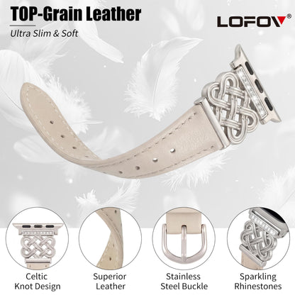 LOFOV Compatible with Apple Watch Bands Women 38/40/41/42mm Dressy Slim Leather Strap with Designer Celtic Knot Interlock Buckle Bracelet for iWatch Series 11 10 9 8 7 6 5 4 SE 3 2 1 (Starlight)